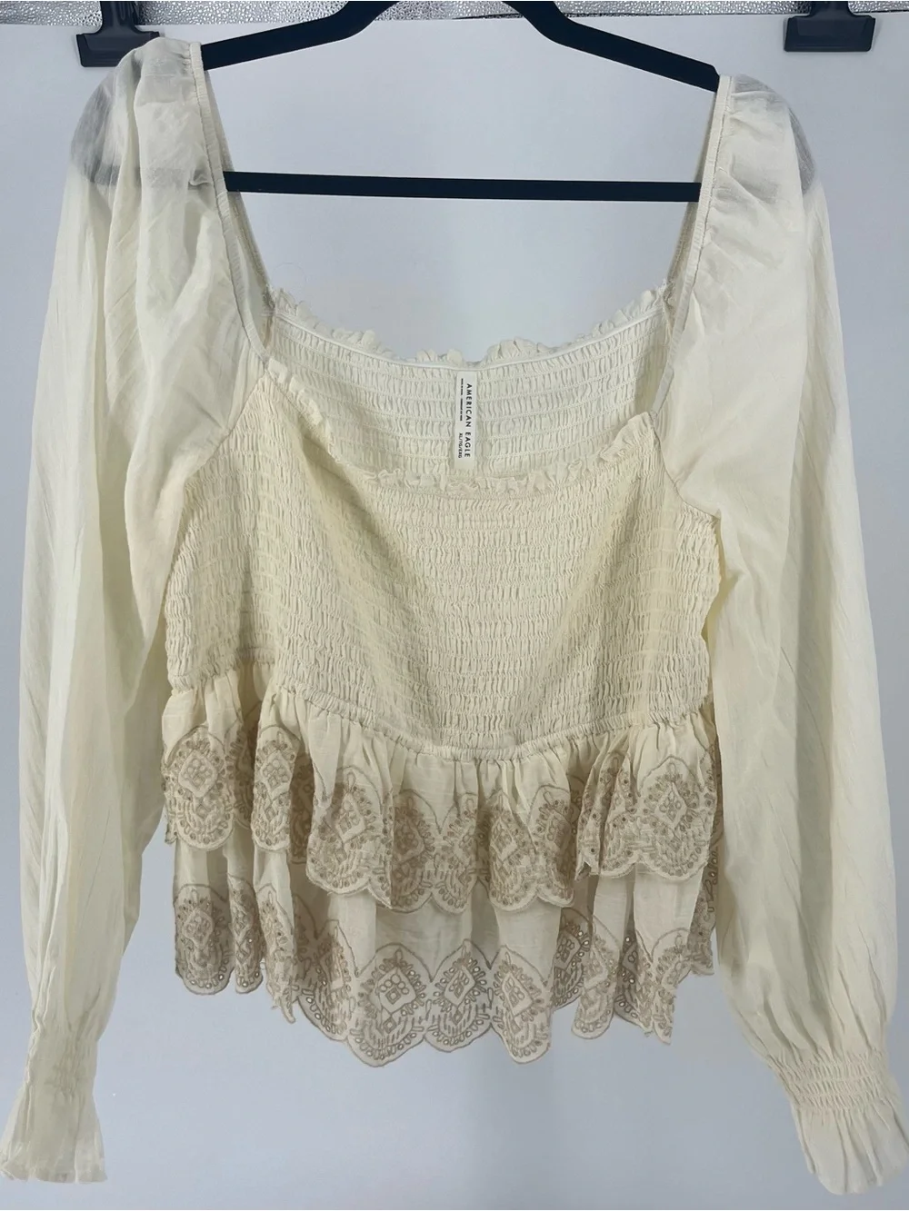 American Eagle Outfitters Cream Smocked Peasant Blouse with Embroidered Ruffle